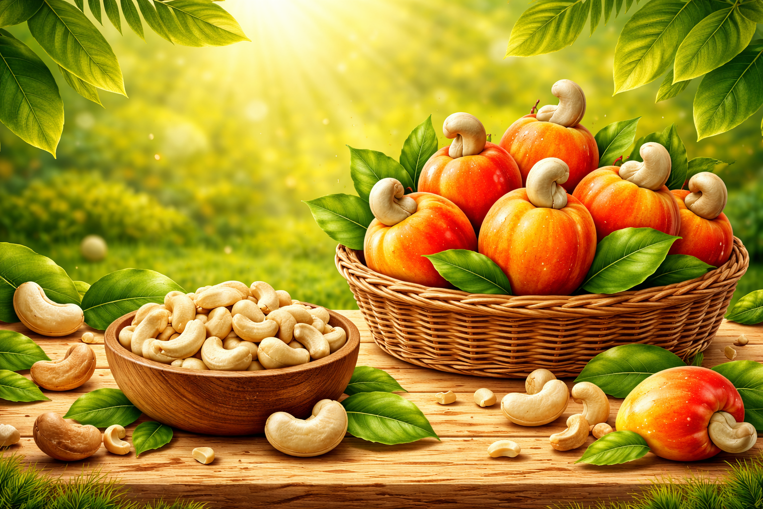 Fresh cashews and cashew apples display